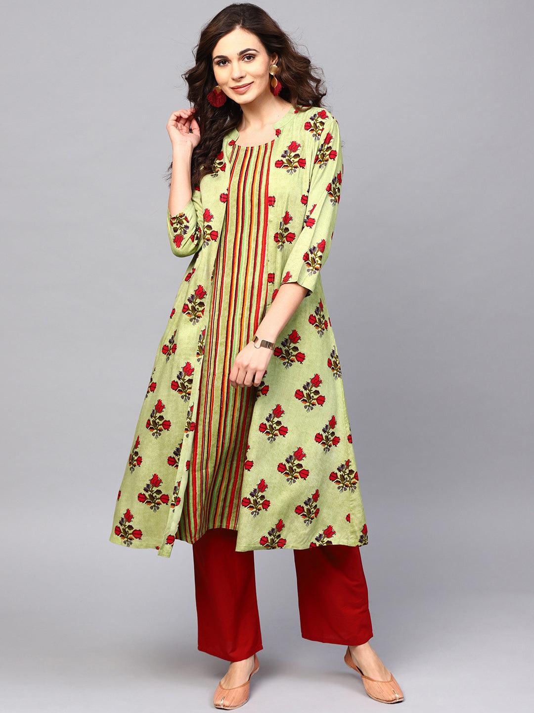 Green Floral Printed Double Layered A-Line Kurta (Fully Stitched) - Znxclothing