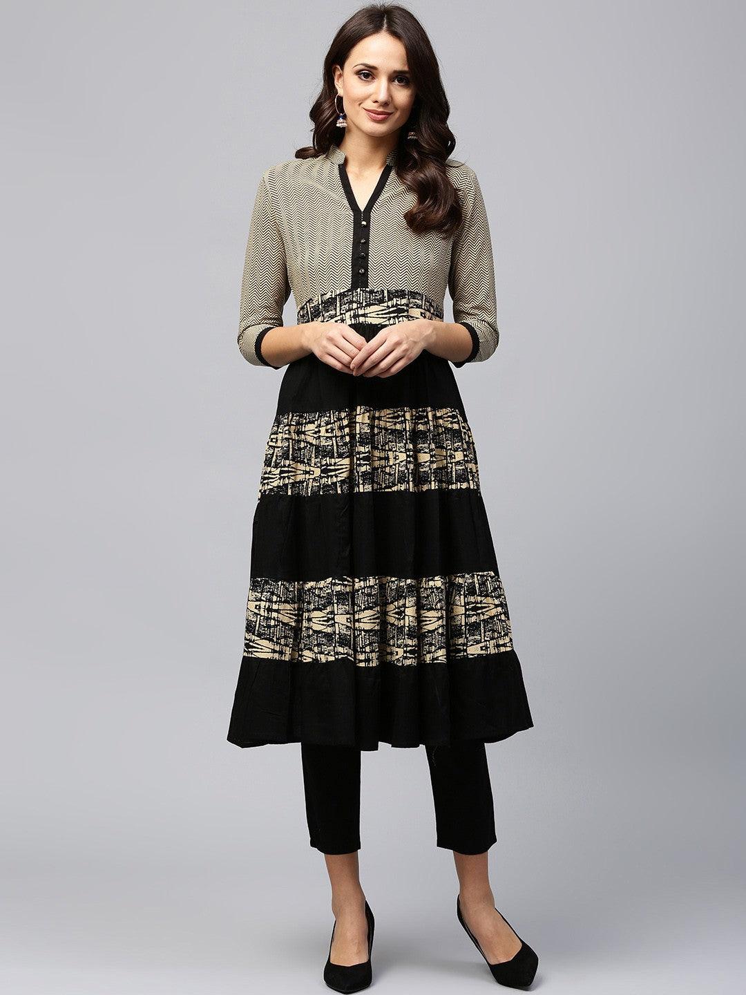 Beige &amp; Black Printed Tiered Anarkali (Fully Stitched) - Znxclothing