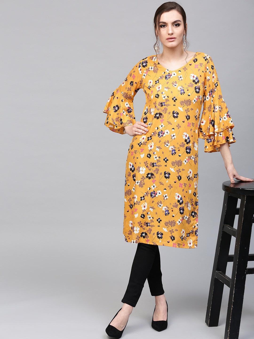 Yellow Floral Printed Straight Kurta With Flared Sleeve (Fully Stitched) - Znxclothing