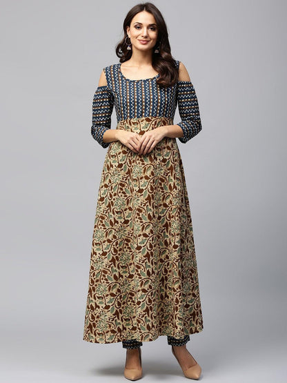 Brown &amp; Blue Printed Cold-Shoulder Flared Anarkali (Fully Stitched) - Znxclothing