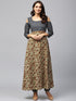 Brown & Blue Printed Cold-Shoulder Flared Anarkali (Fully Stitched) - Znxclothing