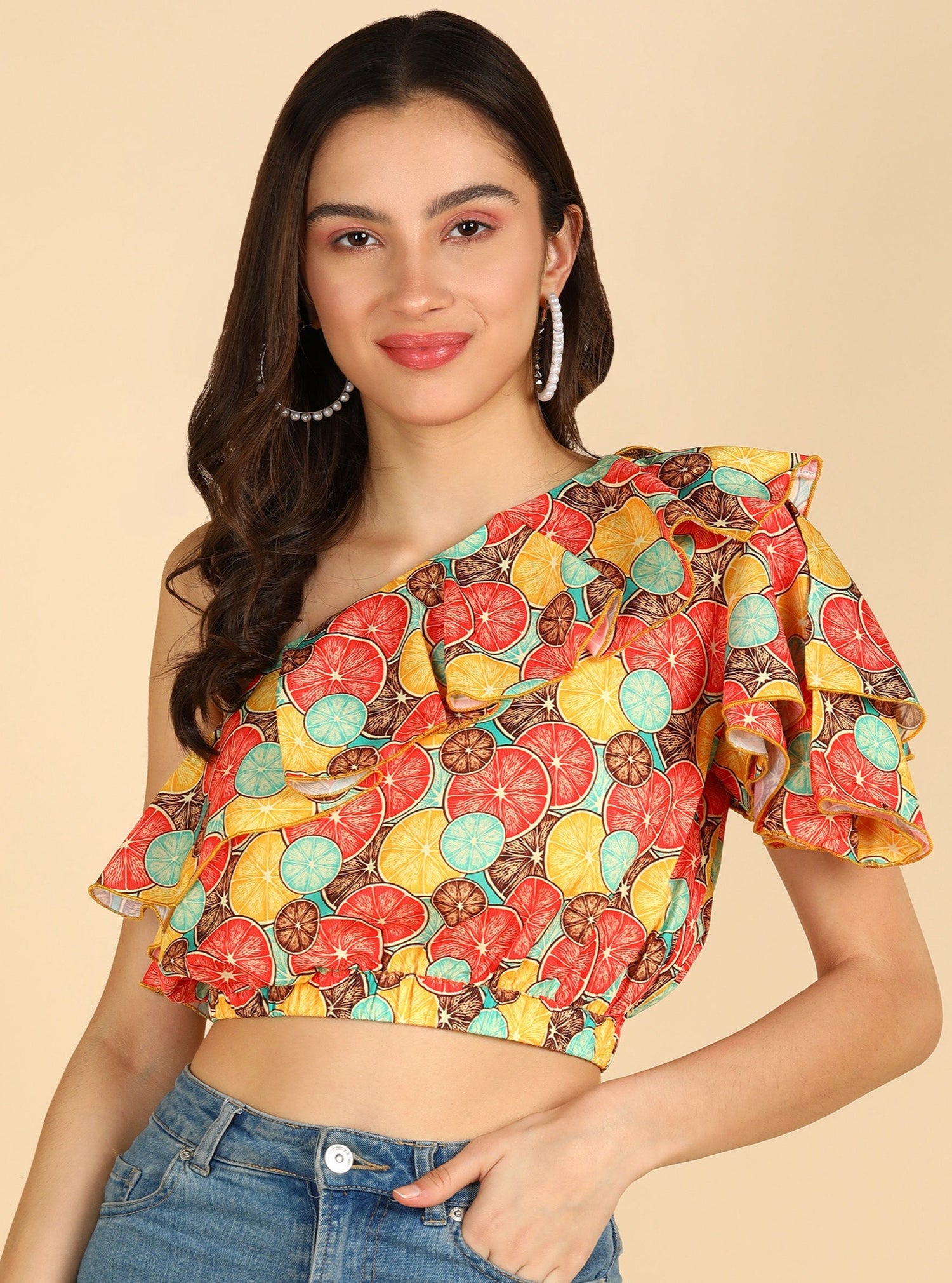 Orange Printed One Shoulder Stylish Sleeve Top