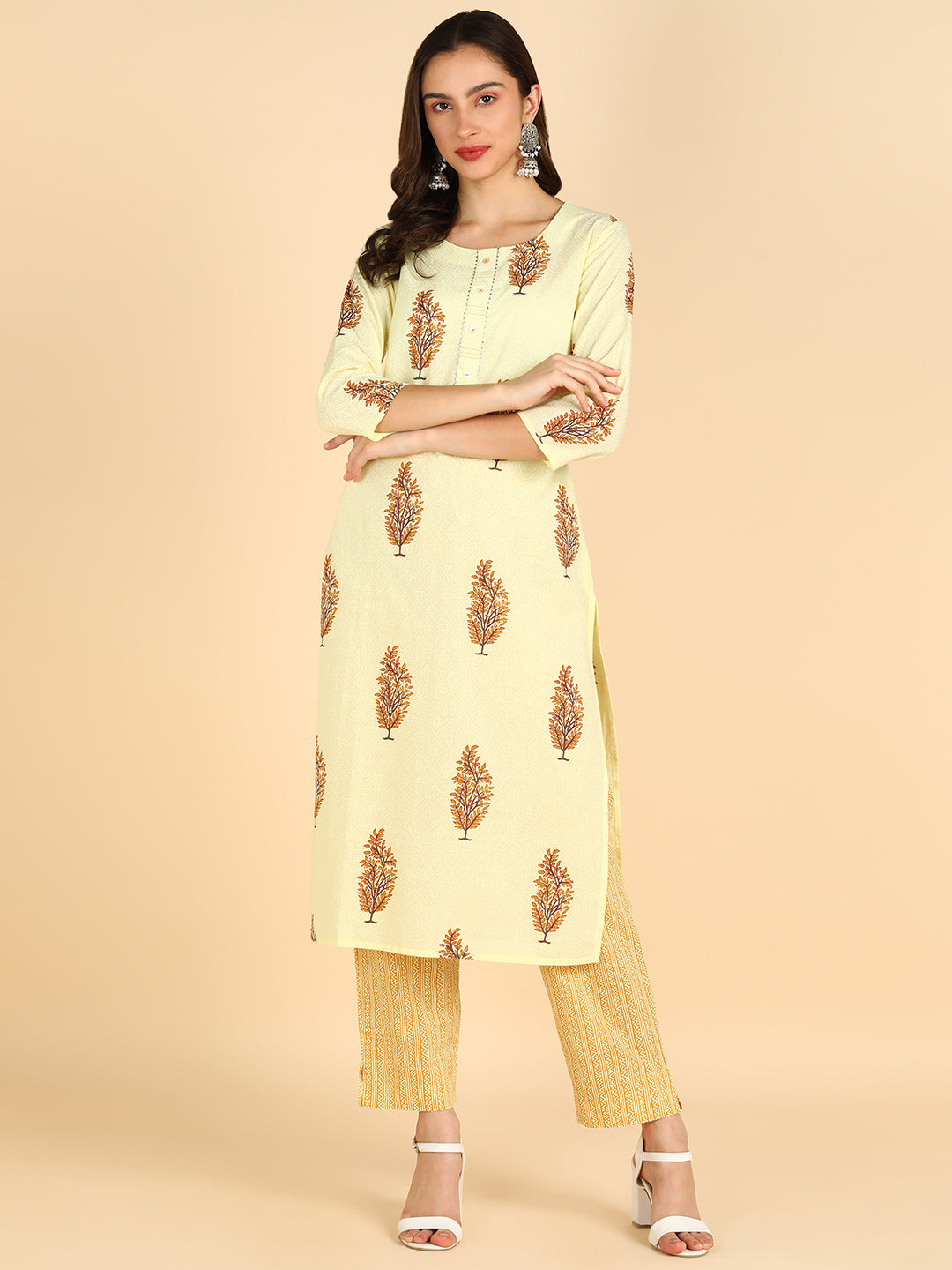 Women Yellow Printed Pure Cotton Kurta With Trousers