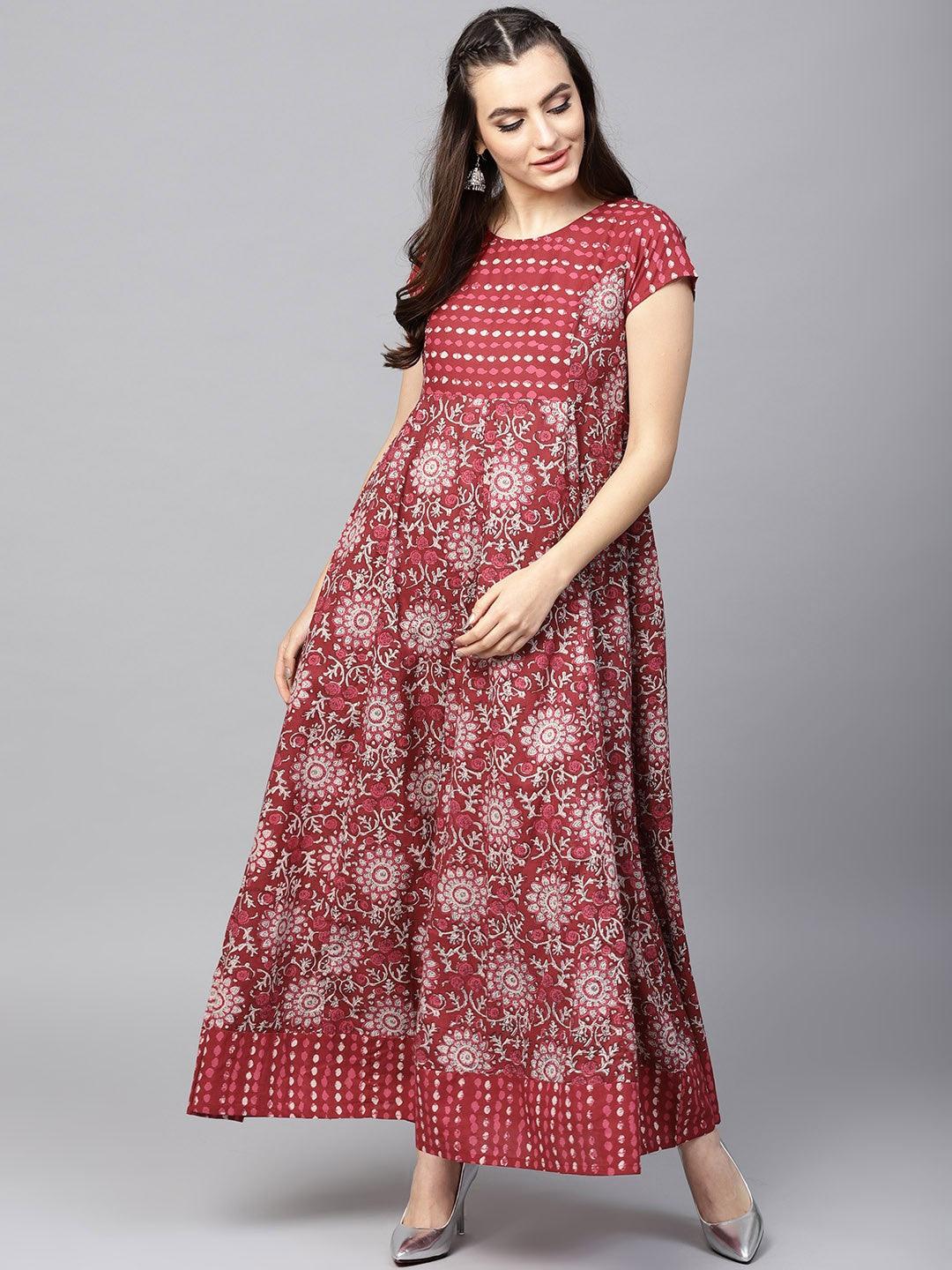 Maroon Floral Printed Flared Anarkali (Fully Stitched) - Znxclothing