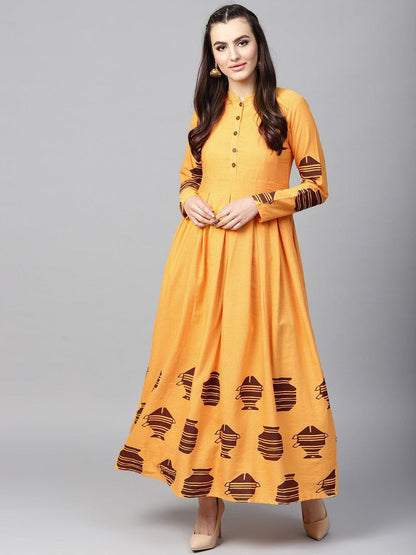 Yellow Placement Printed Flared Anarkali (Fully Stitched) - Znxclothing
