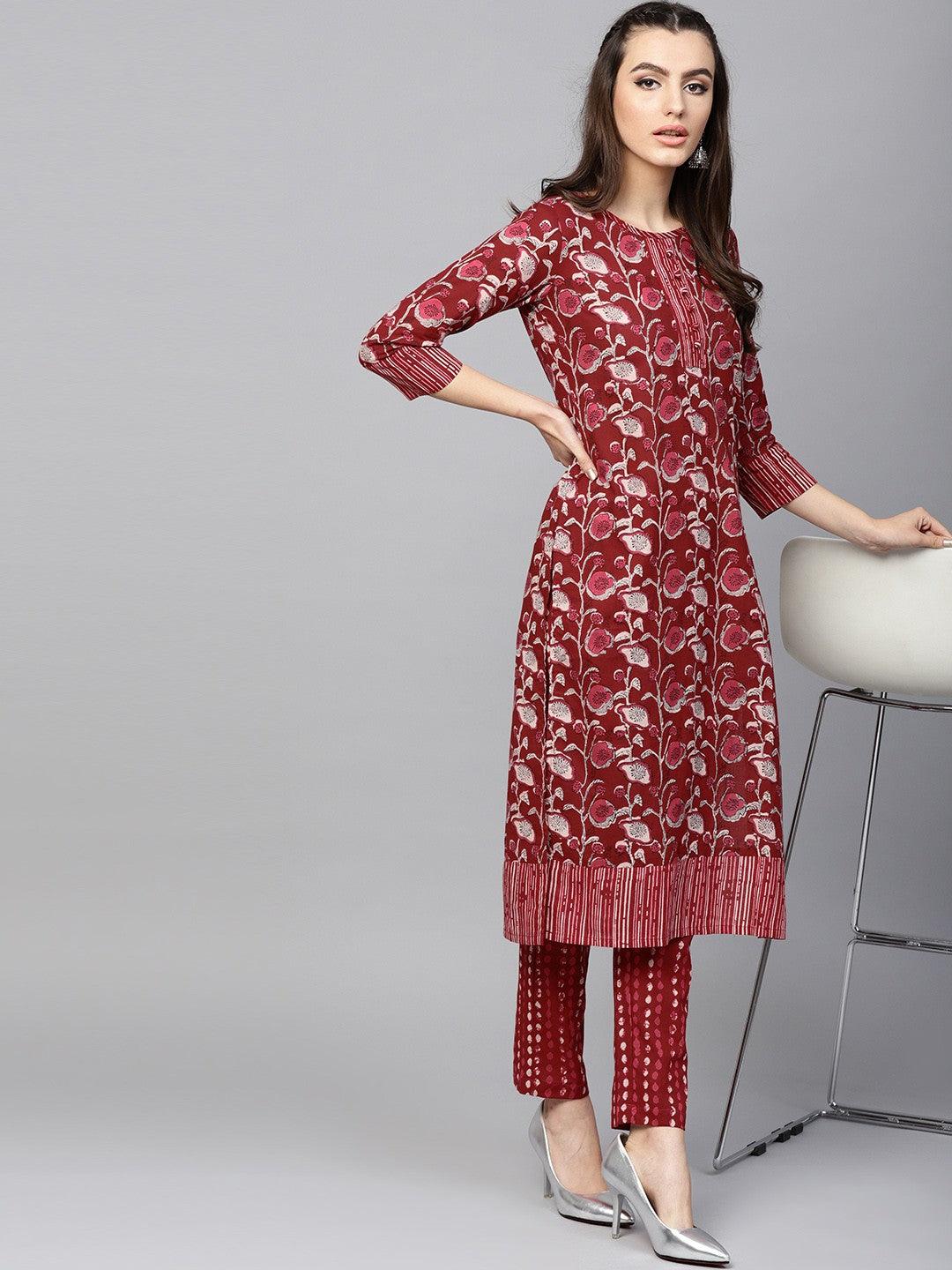 Maroon &amp; Beige Floral Printed Straight Kurta (Fully Stitched) - Znxclothing