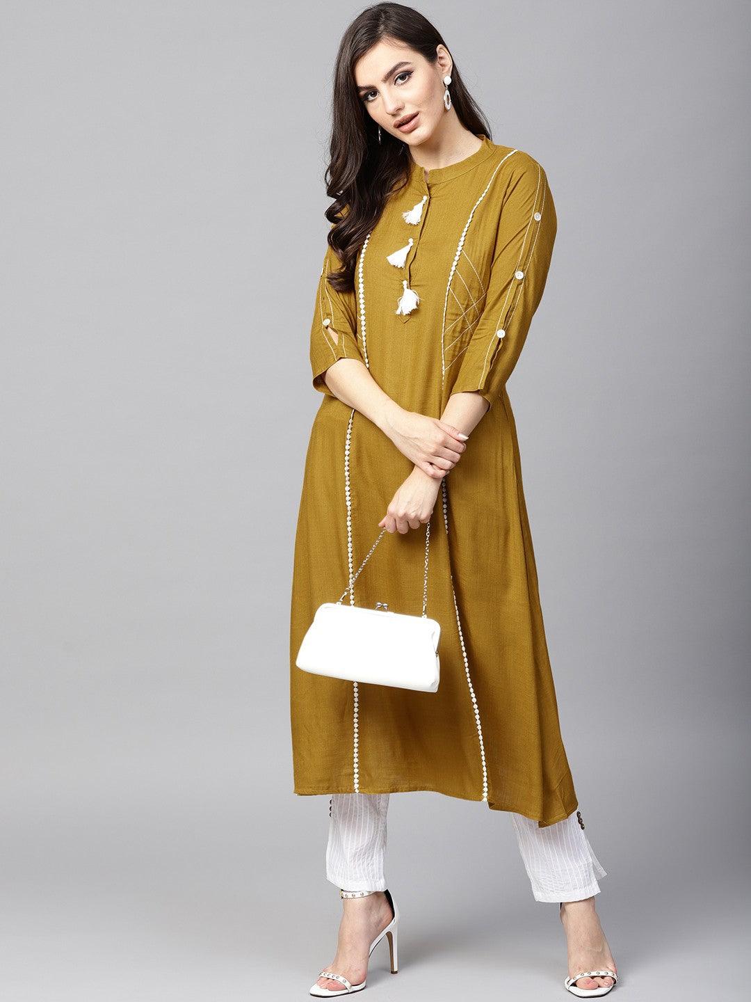 Olive Solid A-Line Kurta With Tassel Details - Znxclothing