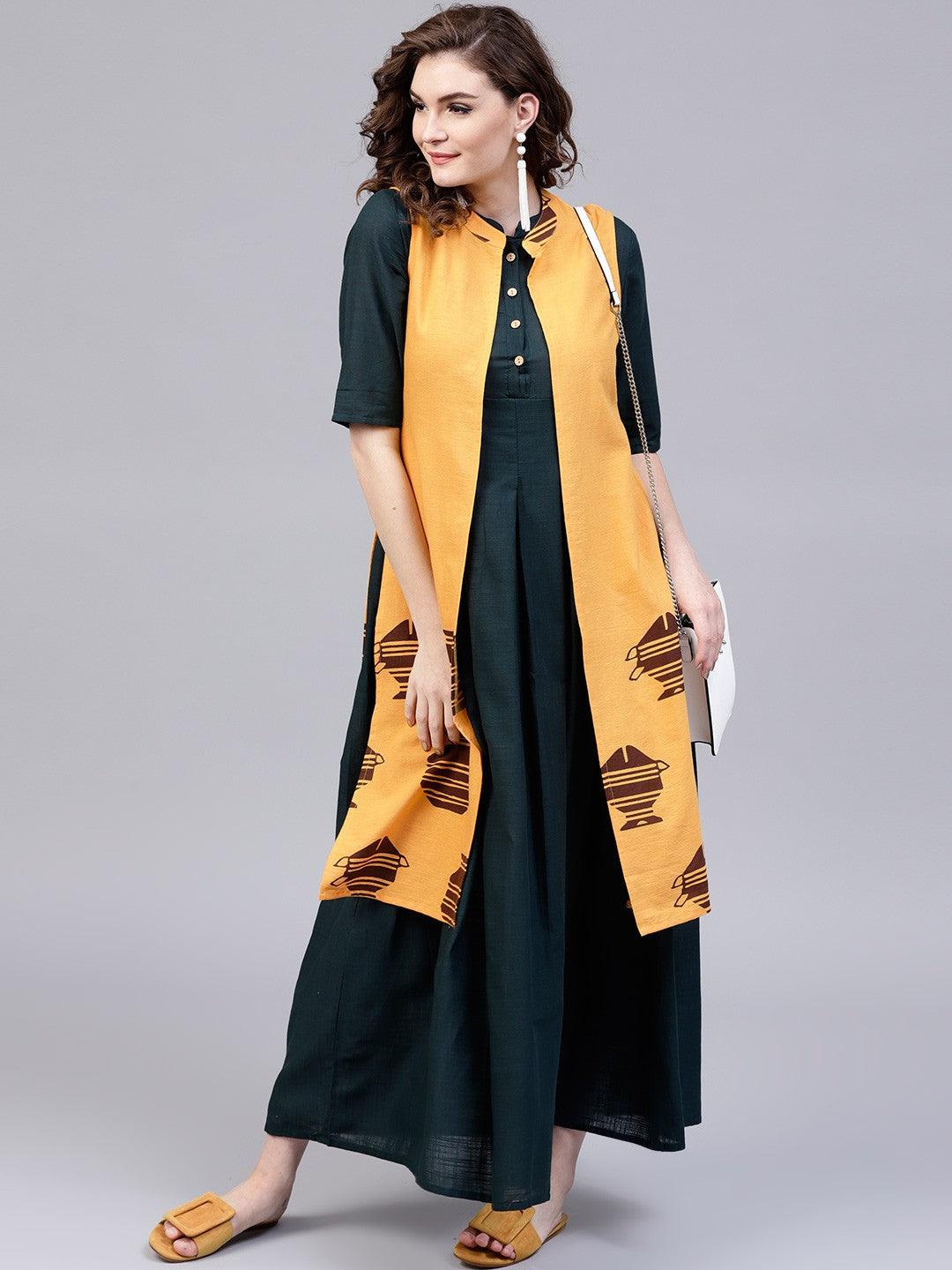 Yellow &amp; Brown Printed Sleeveless Jacket - Znxclothing