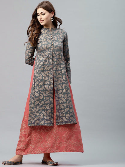 Grey &amp; Peach Gold Printed Double Layered Maxi (Fully Stitched ) - Znxclothing