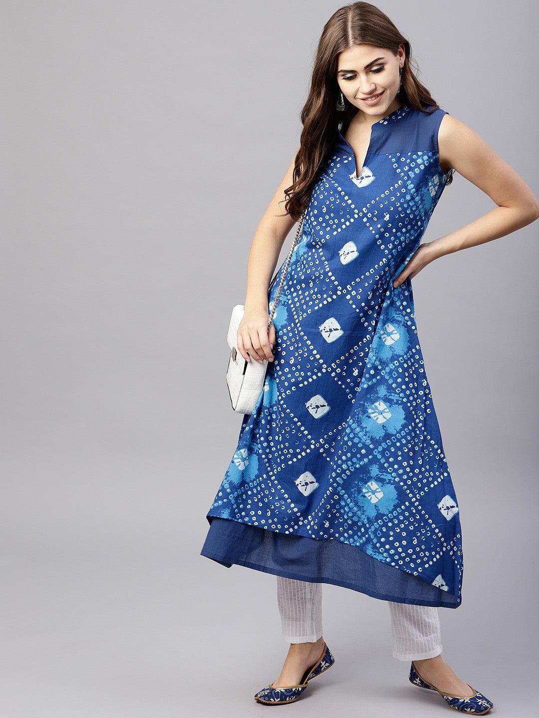 Blue Bandhani Printed Sleeveless Kurta (Fully Stitched) - Znxclothing