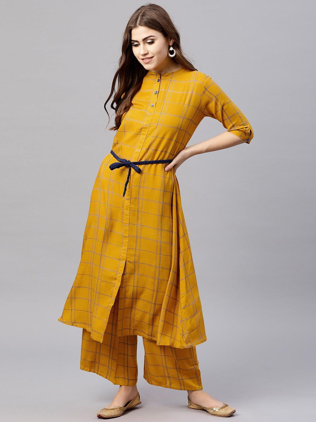 Mustard &amp; Blue Striped Printed A-Line Kurta (Fully Stitched) - Znxclothing