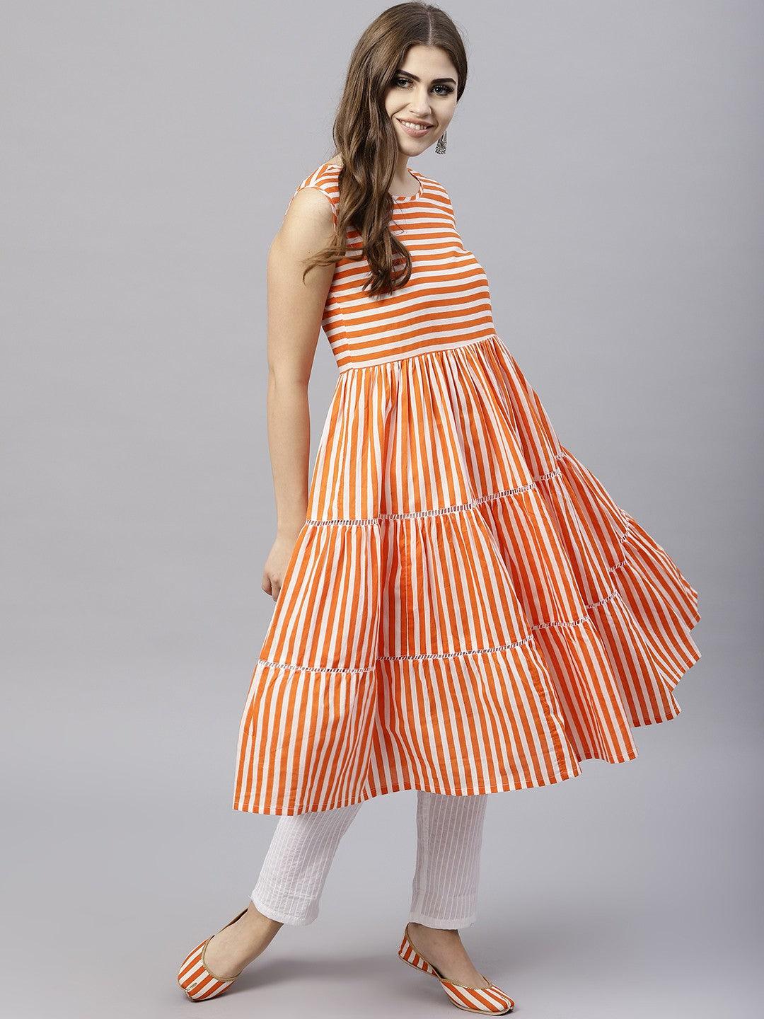 Orange Striped Printed Sleeveless Tiered Anarkali (Fully Stitched) - Znxclothing