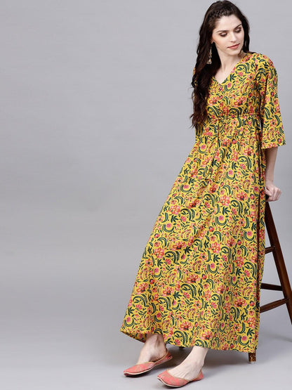 Mustard &amp; Green Floral Printed Flared Anarkali (Fully Stitched) - Znxclothing