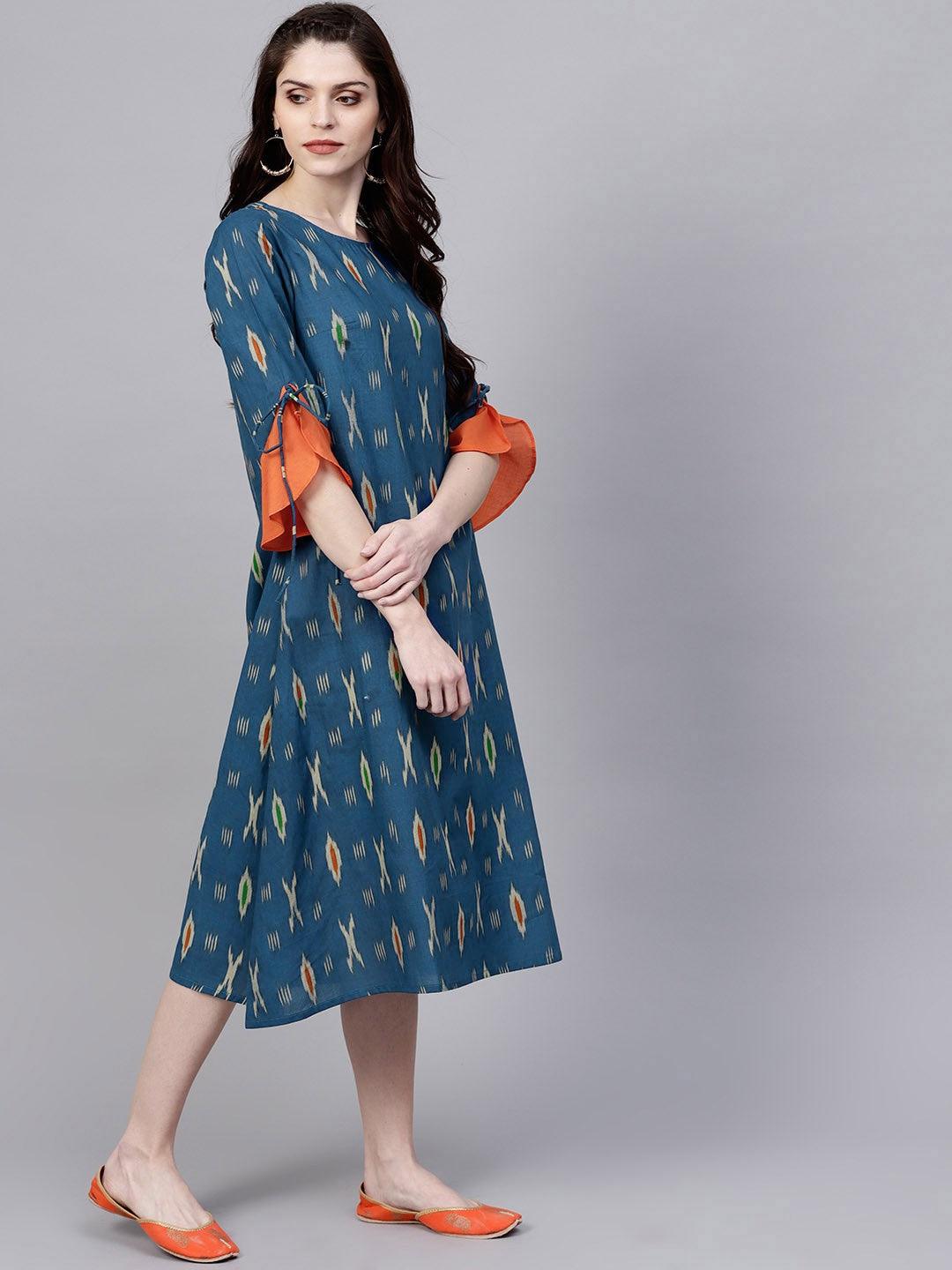 Blue Ikat Print A-Line Dress With Ruffle Sleeve (Fully Stitched) - Znxclothing