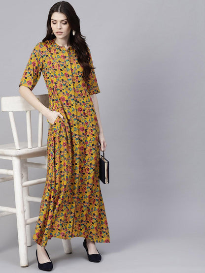 Mustard Floral Printed Button Down Maxi (Fully Stitched) - Znxclothing