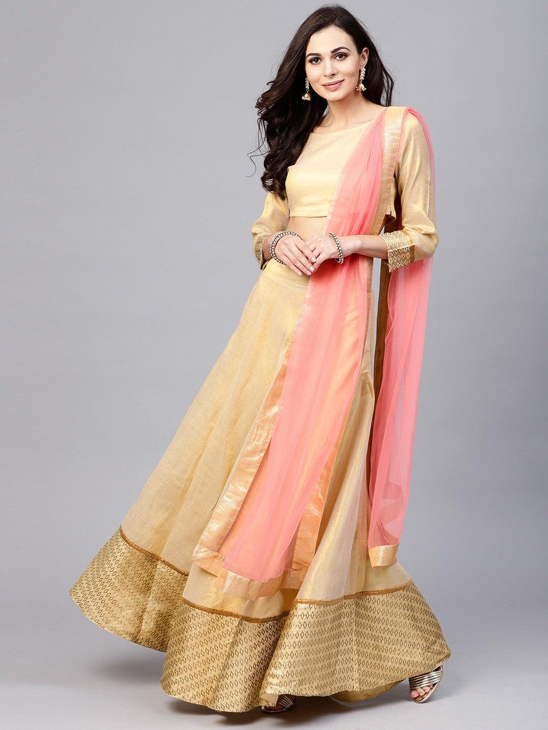 Beige Solid Lehenga With Choli &amp; Pink Dupatta (Fully Stitched) - Znxclothing