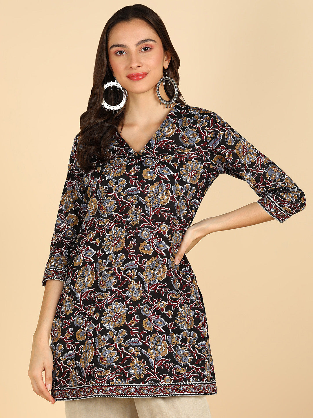 White Floral Printed Black Straight Kurti With Border Details