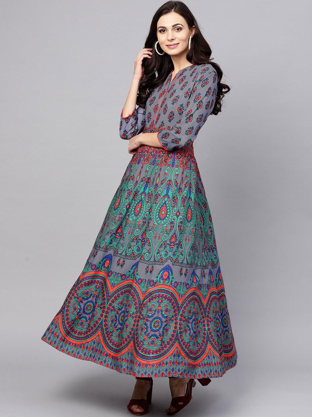 Blue &amp; Green Printed Flared Maxi (Fully Stitched) - Znxclothing
