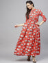 Red & White Floral Printed Pleated Maxi (Fully Stitched) - Znxclothing