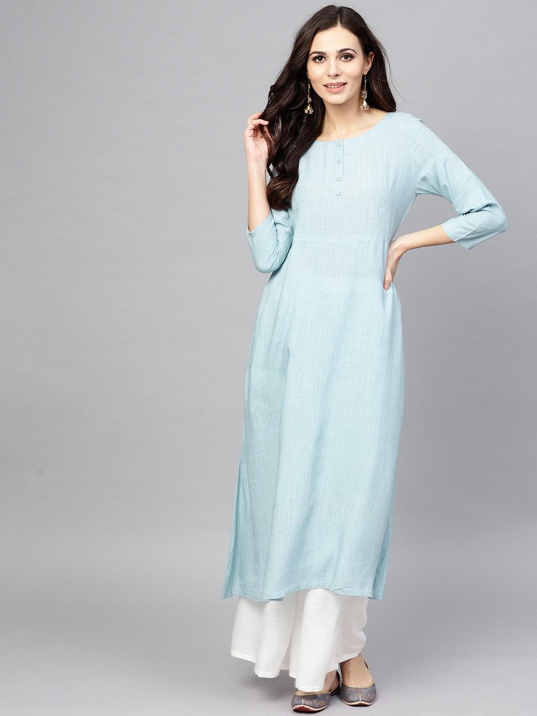 Pale Blue Solid A-Line Kurta (Fully Stitched) - Znxclothing