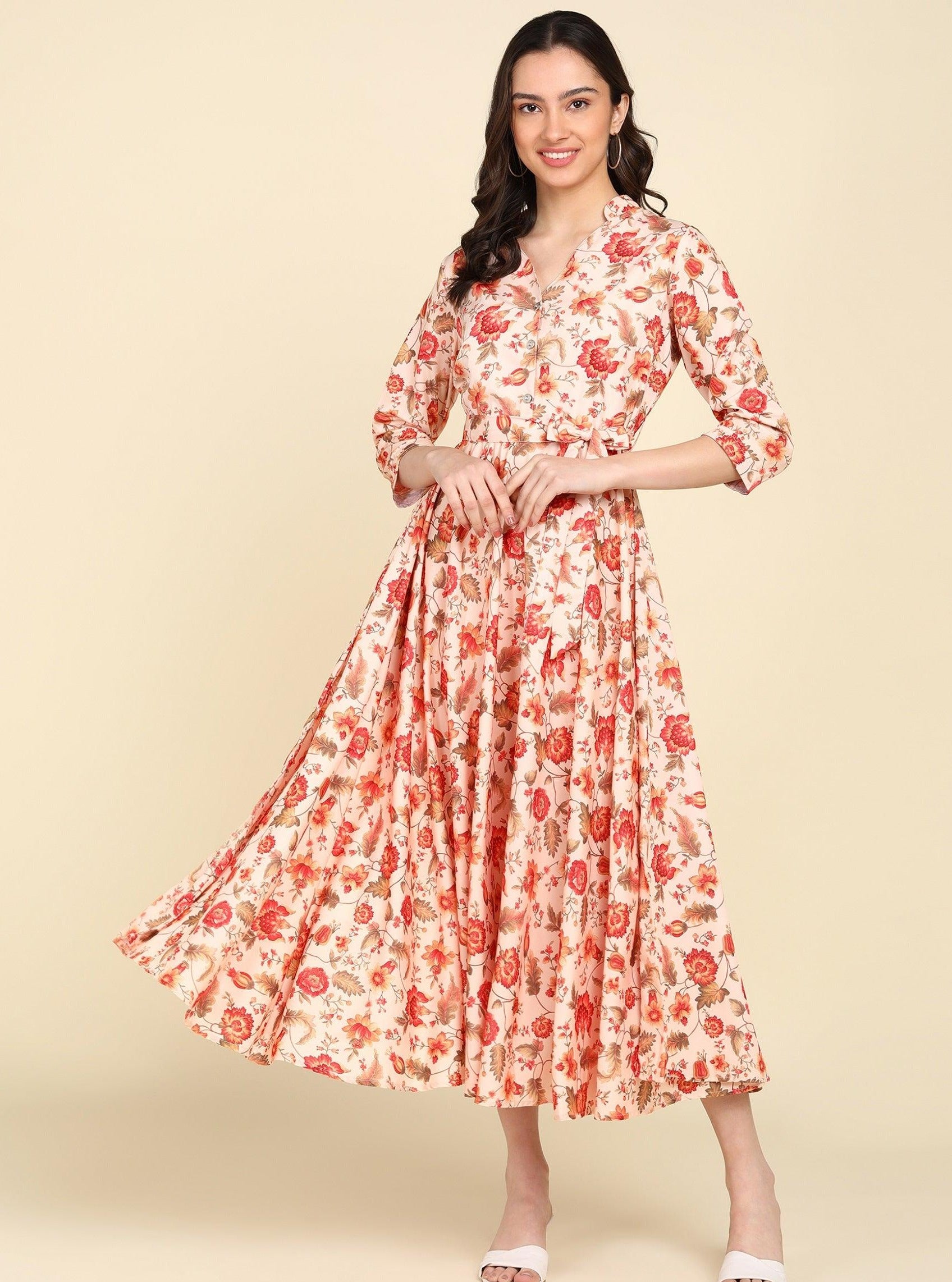 Red Floral Printed Beige Flared Dress - Znxclothing