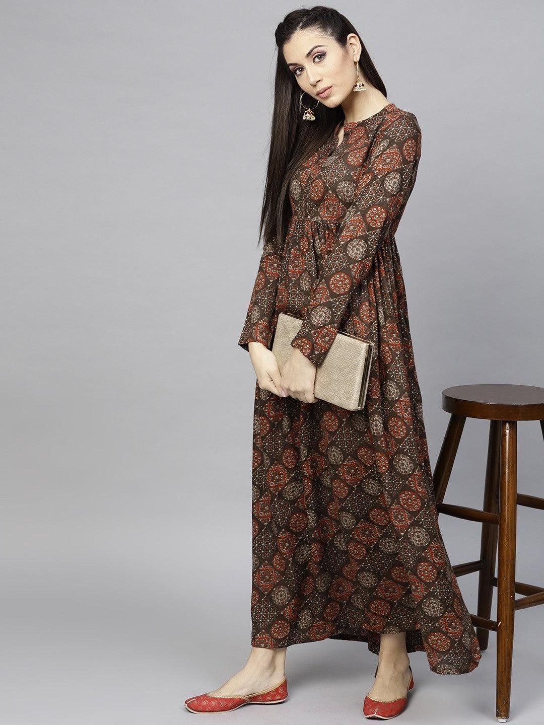 Brown Printed Pleated Maxi (Fully Stitched) - Znxclothing