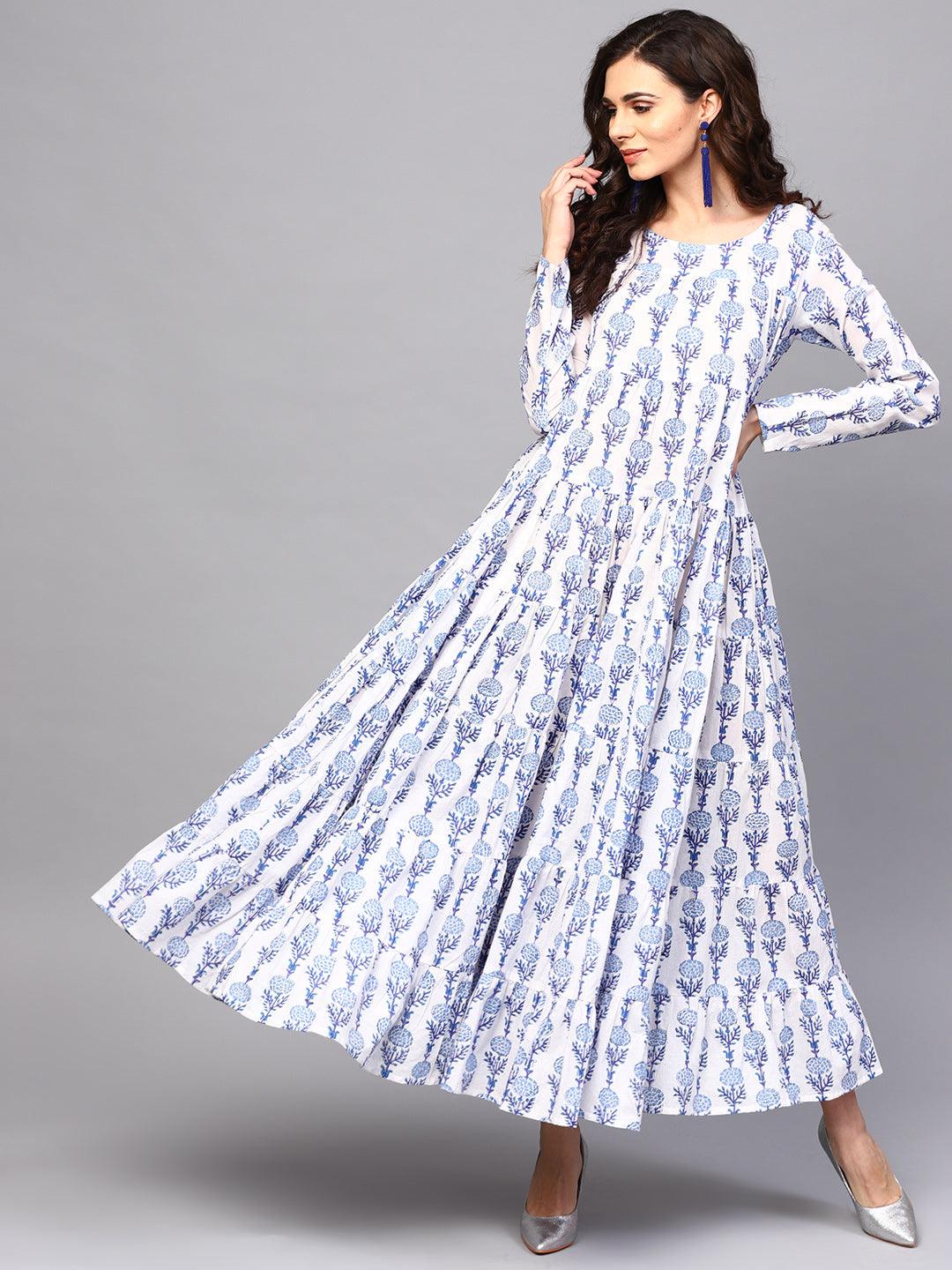 White &amp; Blue Floral Printed Tiered Maxi (Fully Stitched) - Znxclothing