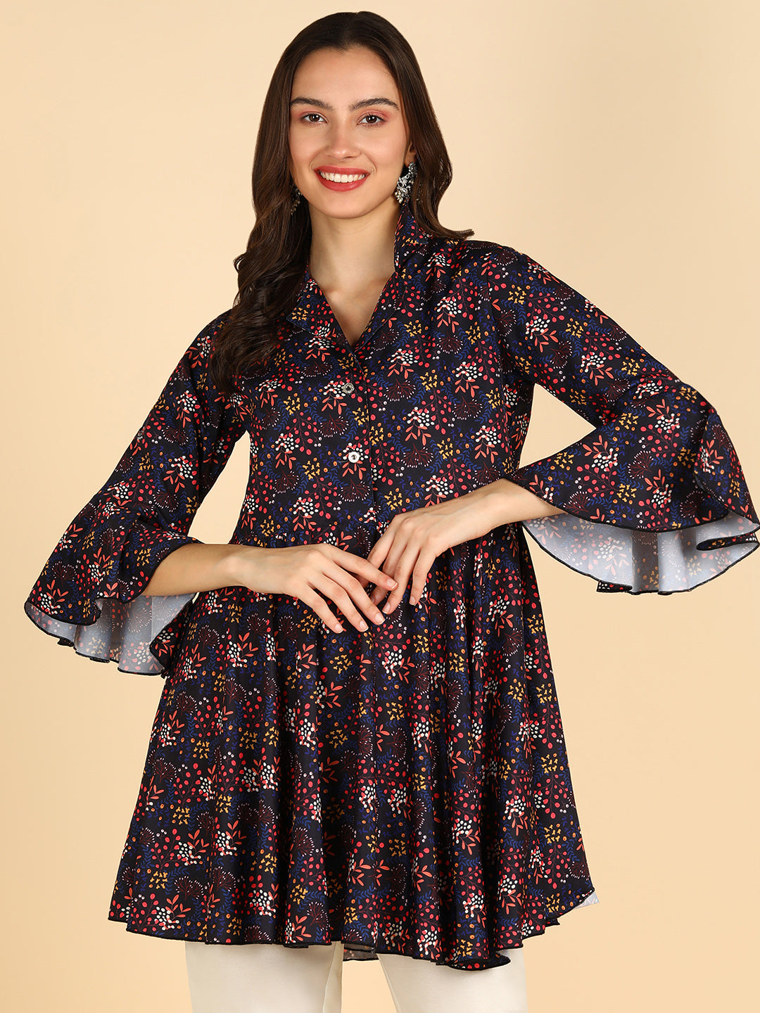 Blue Floral Printed Bell Sleeve Top