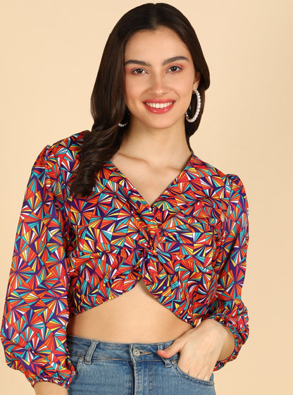 Multicolor Printed Front Knot Stylish Crop Top