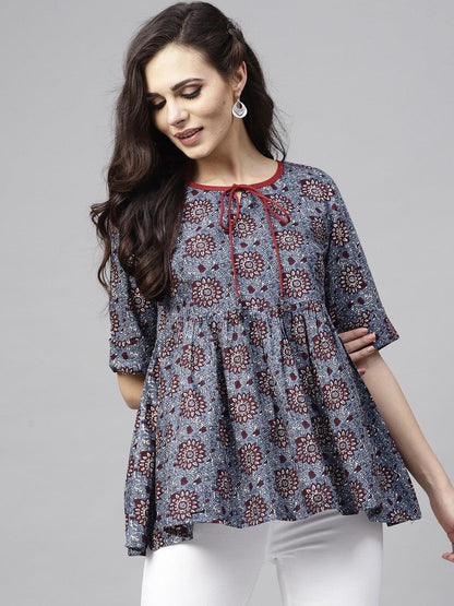 Blue &amp; Maroon Printed Pleated Tunic - Znxclothing