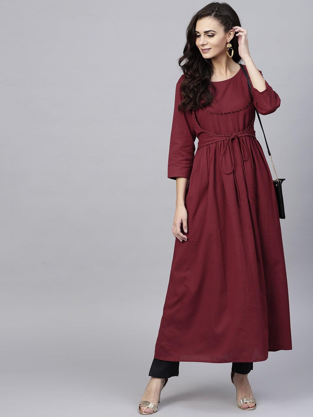 Maroon Solid Pleated A-Line Kurta (Fully Stitched) - Znxclothing