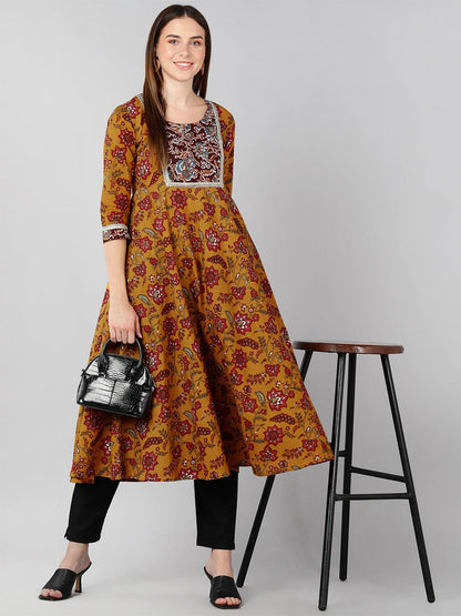 Floral Printed Mustard Flared Kurta With Lace Detail - Znxclothing