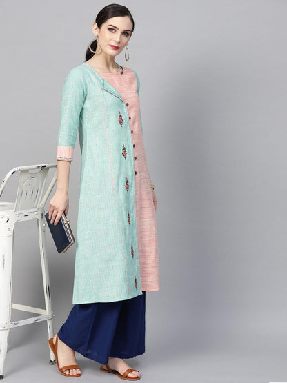 Pink &amp; Blue Embroidered A-Line Kurta (Fully Stitched) - Znxclothing