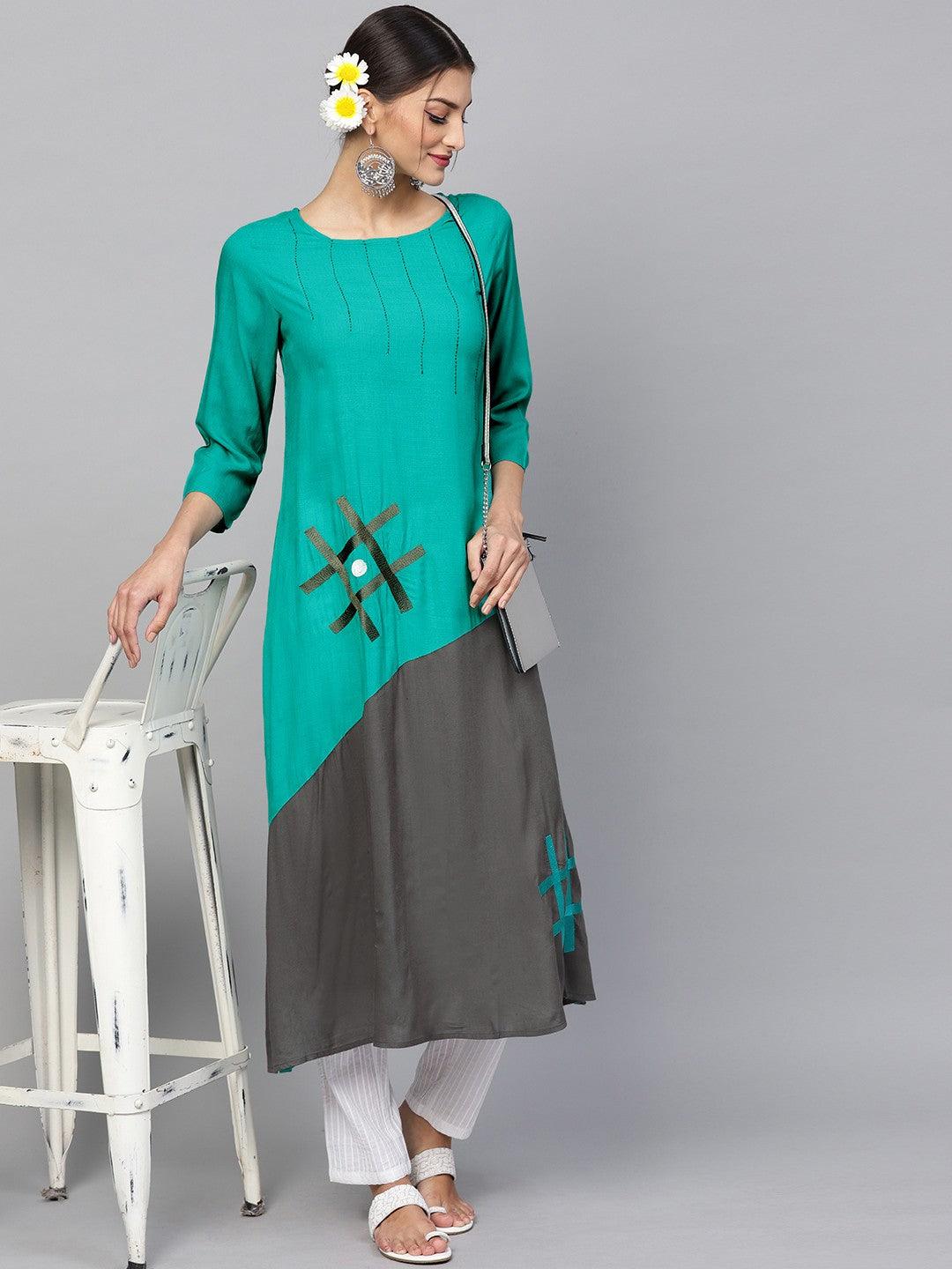 Teal &amp; Grey Embroidered A-Line Kurta (Fully Stitched) - Znxclothing