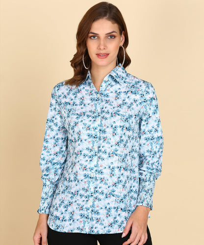 Sky Blue Floral Printed Shirt With Smocked Sleeve - Znxclothing