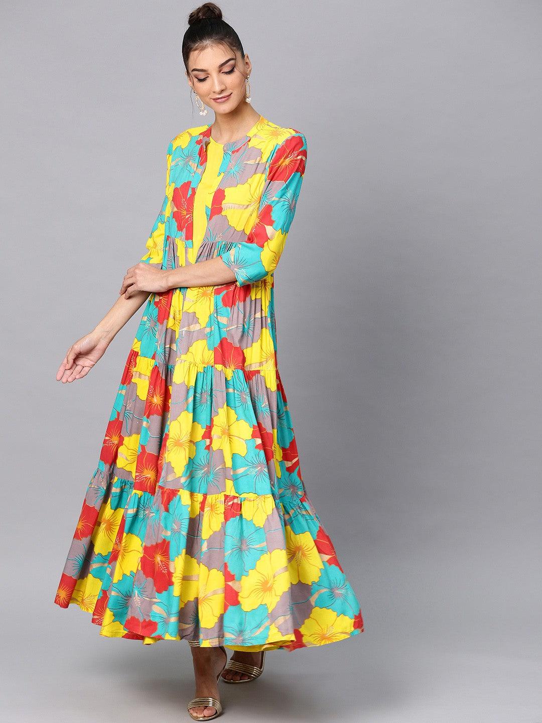 Multicolored Big Floral Printed Tiered Double Layered Maxi (Fully Stitched ) - Znxclothing