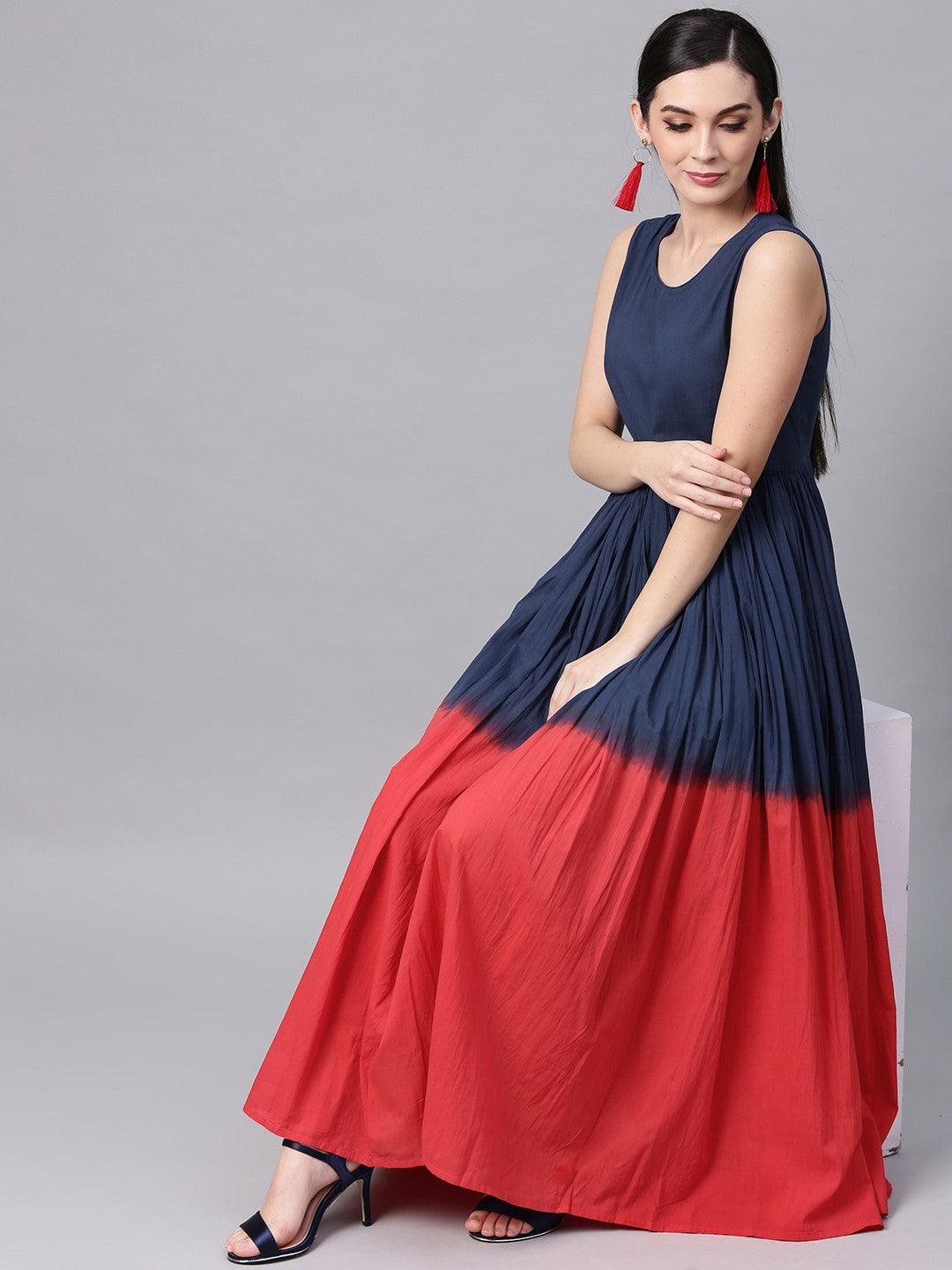 Blue &amp; Red Tie &amp; Dye Printed Flared Maxi (Fully Stitched) - Znxclothing