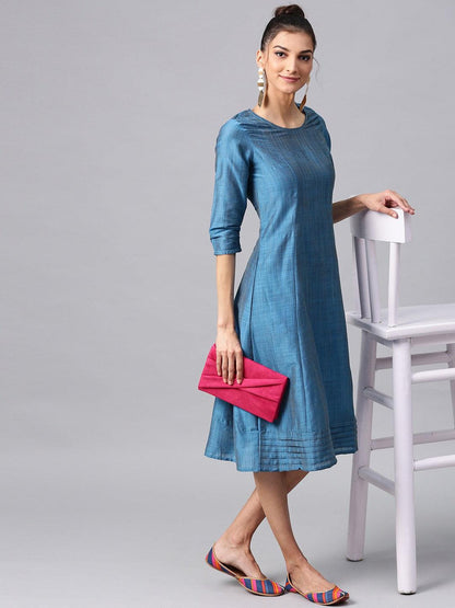Blue Solid A-Line Dress With Pleated Work (Fully Stitched) - Znxclothing