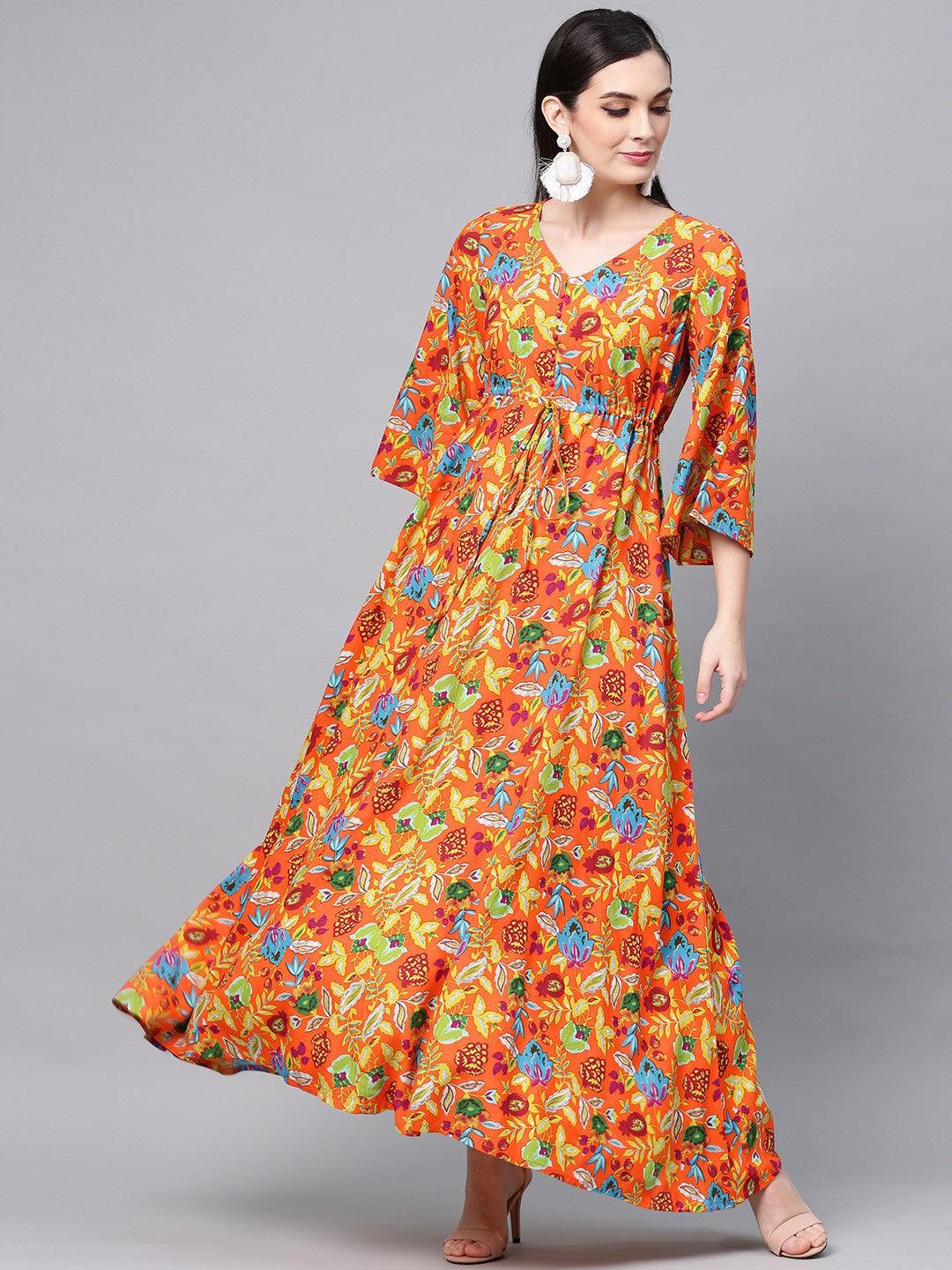 Orange Floral Printed Maxi With Flared Sleeve (Fully Stitched) - Znxclothing