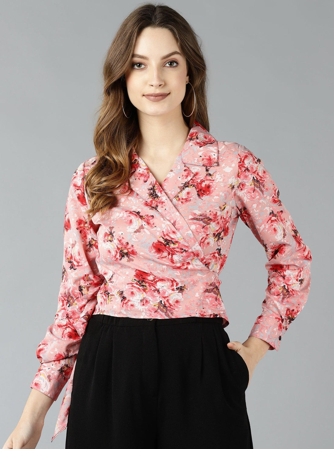Znx Women Pink Floral Printed Wrap Top - Znxclothing