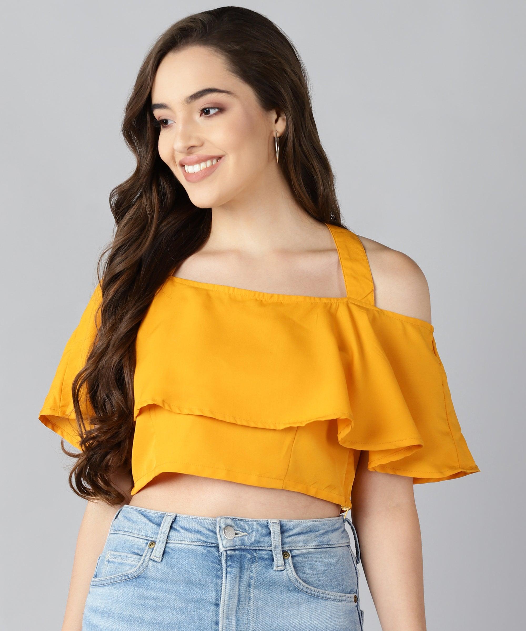 Women Shoulder Straps Yellow Solid Top - Znxclothing
