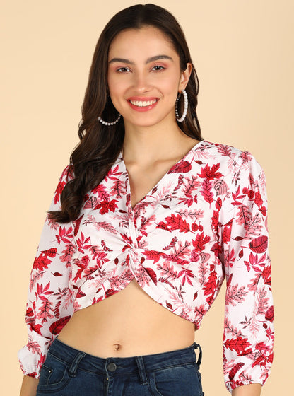 White &amp; Pink Color Front Knot Stylish Crop Top