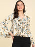 Front Tie-Up Designe Floral Printed Cream Top - Znxclothing