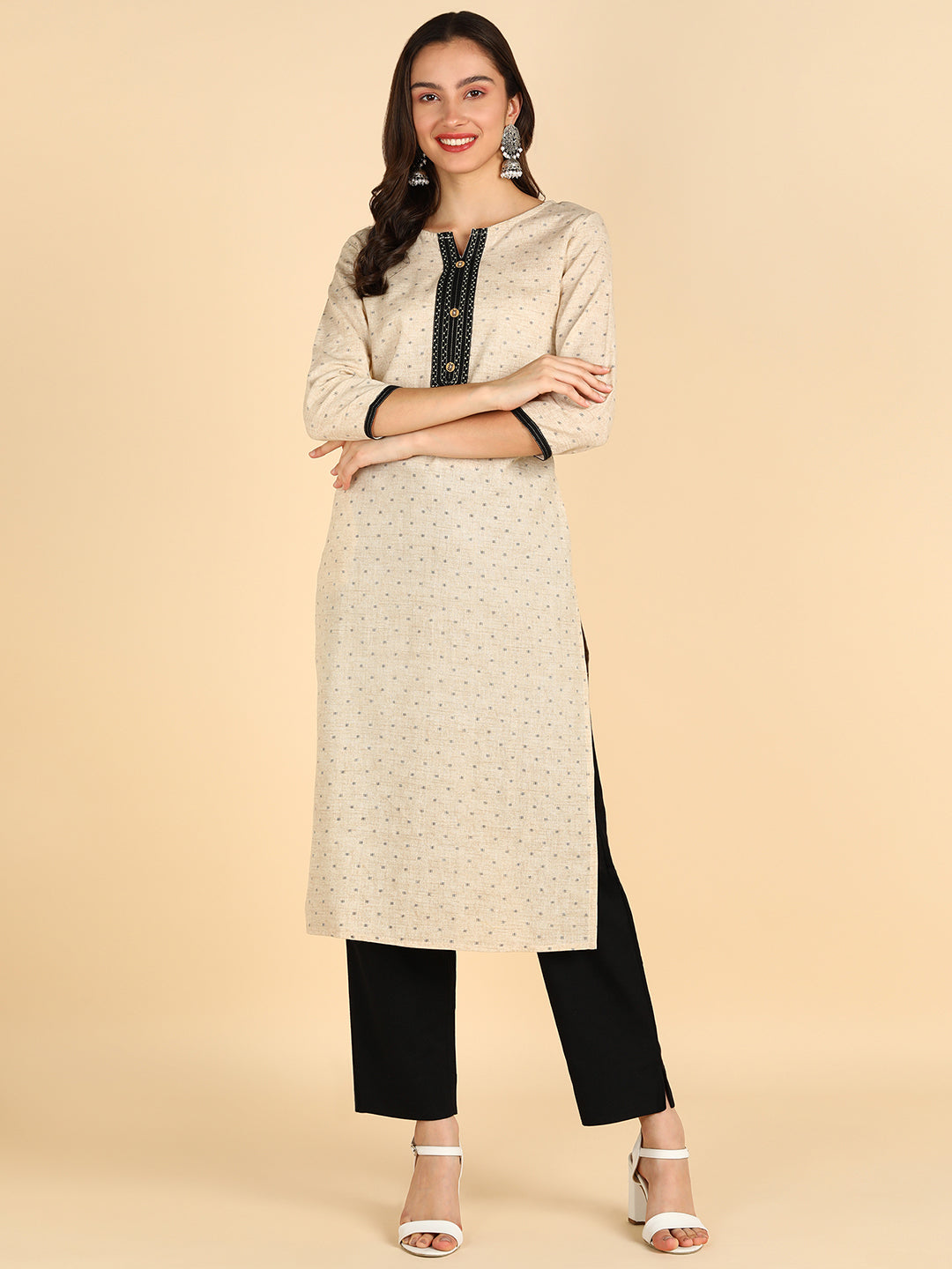 Women Beige &amp; Black Printed Pure Cotton Kurta with Trousers