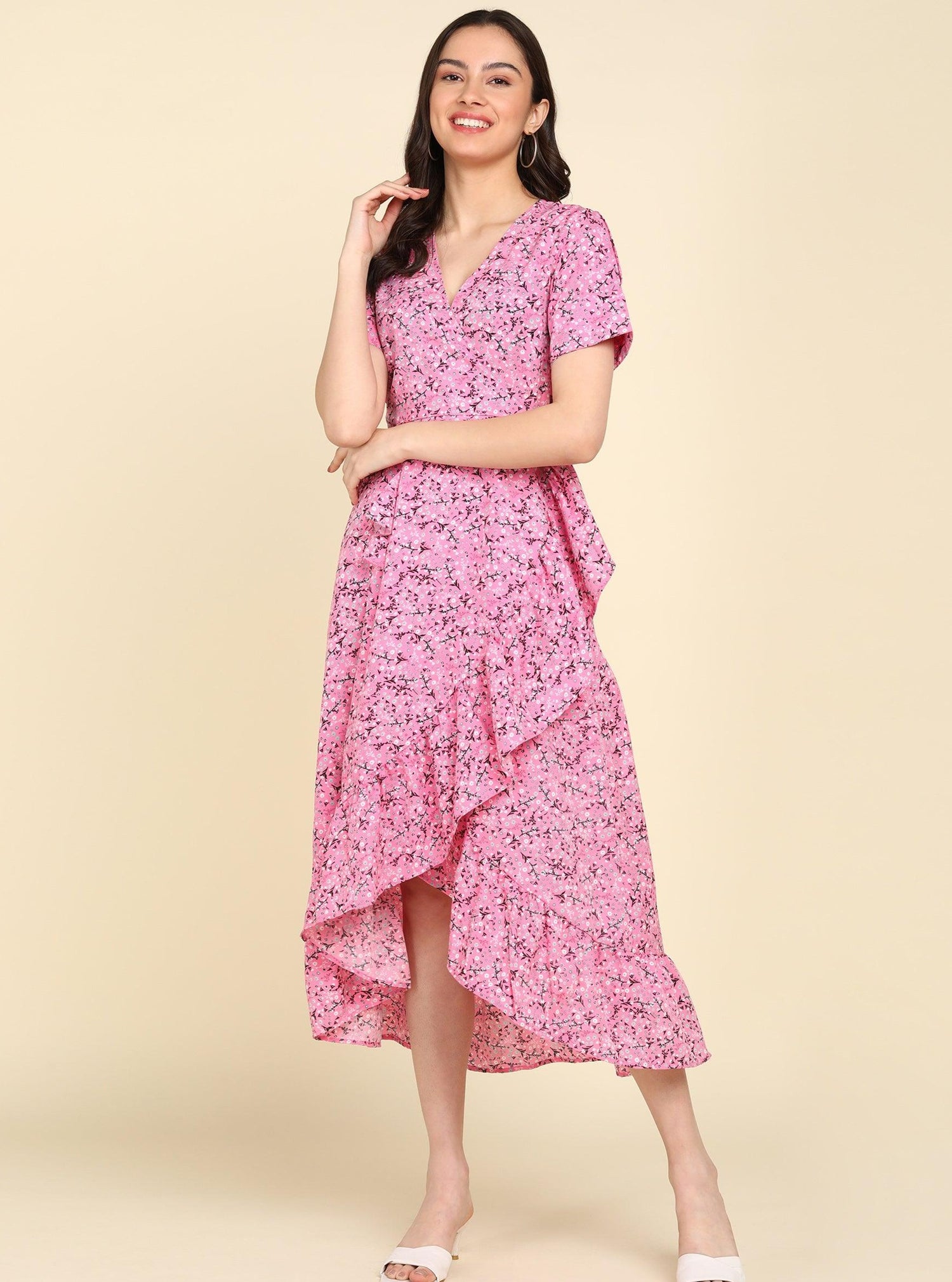 Pink Floral Printed Frill Dress - Znxclothing