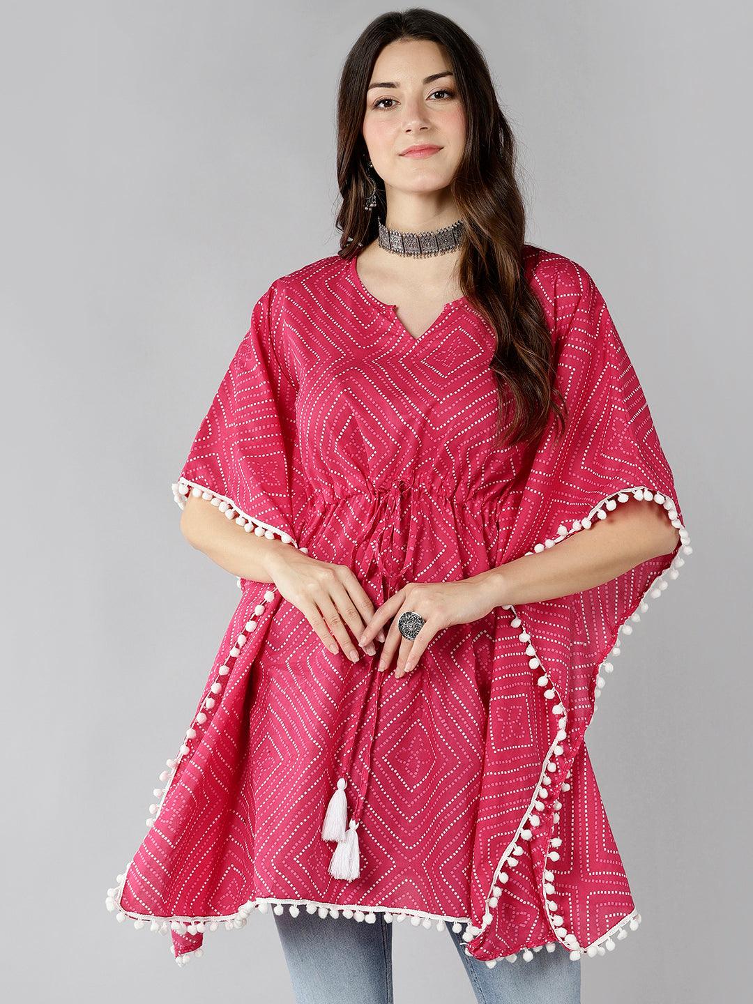 Znx Women Pink Bhandni Kaftan Kurti with Pompom Detailing - Znxclothing