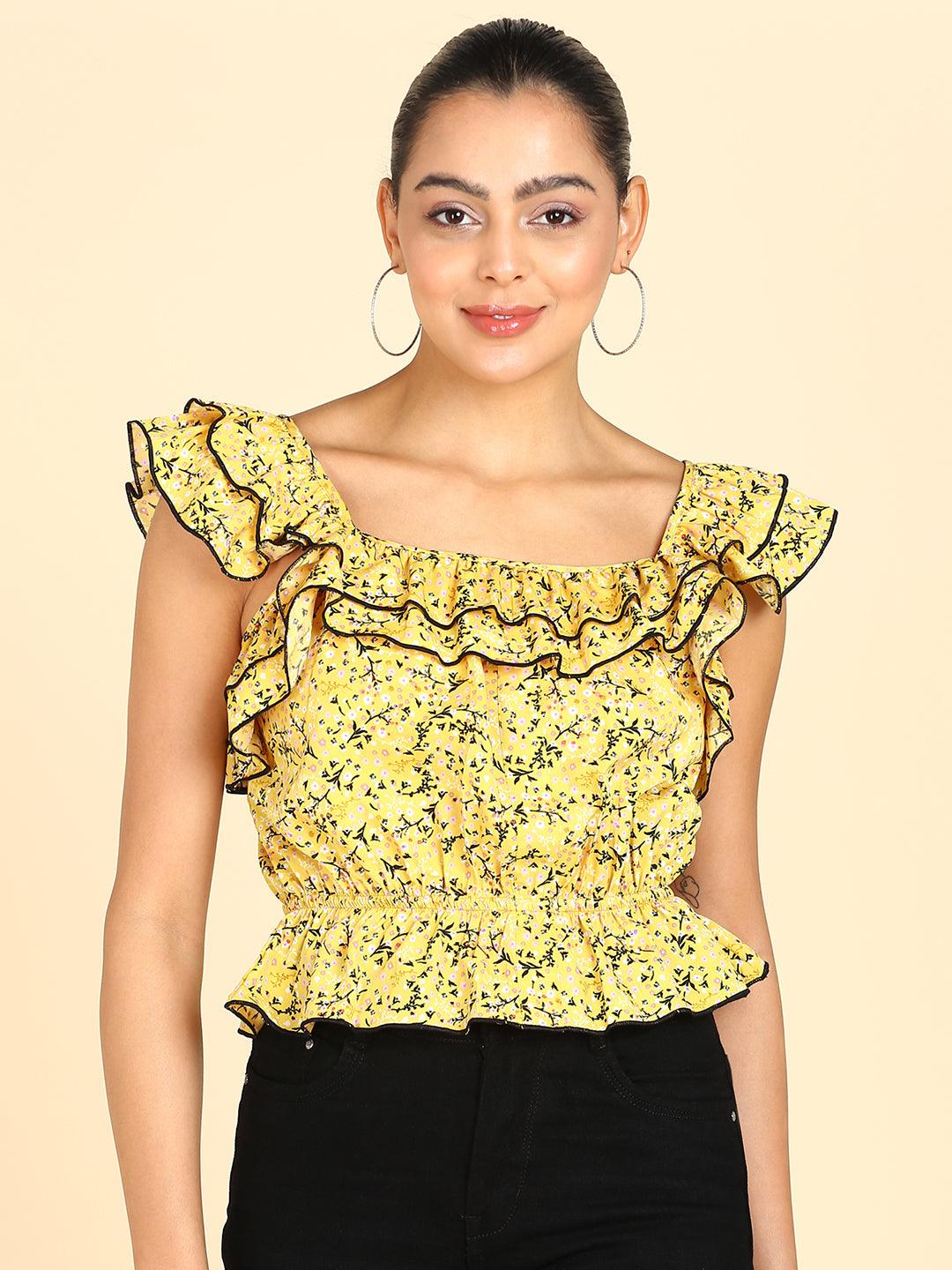 Floral Printed Yellow Empire Top - Znxclothing
