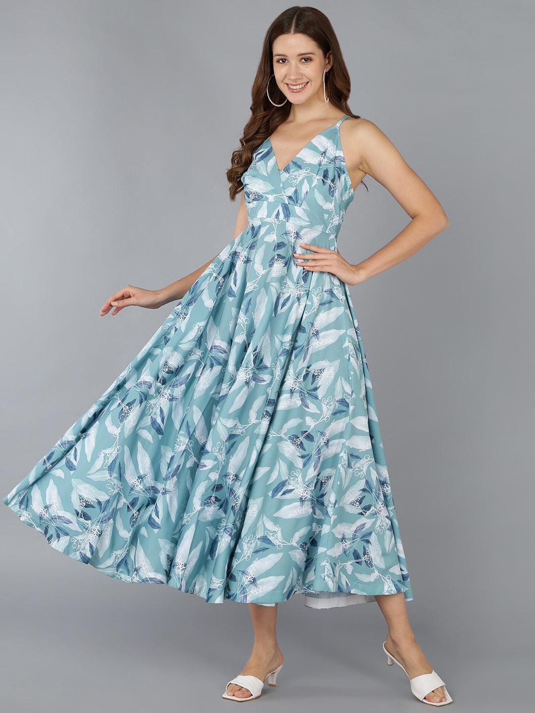 Light Blue Leaf Printed Flared Dress - Znxclothing
