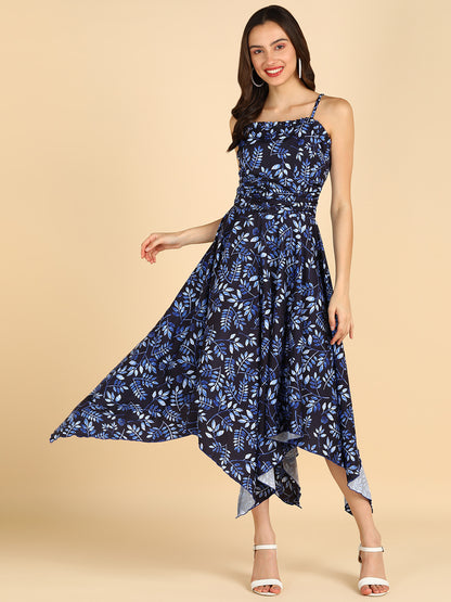 Floral Printed High Low Blue Dress