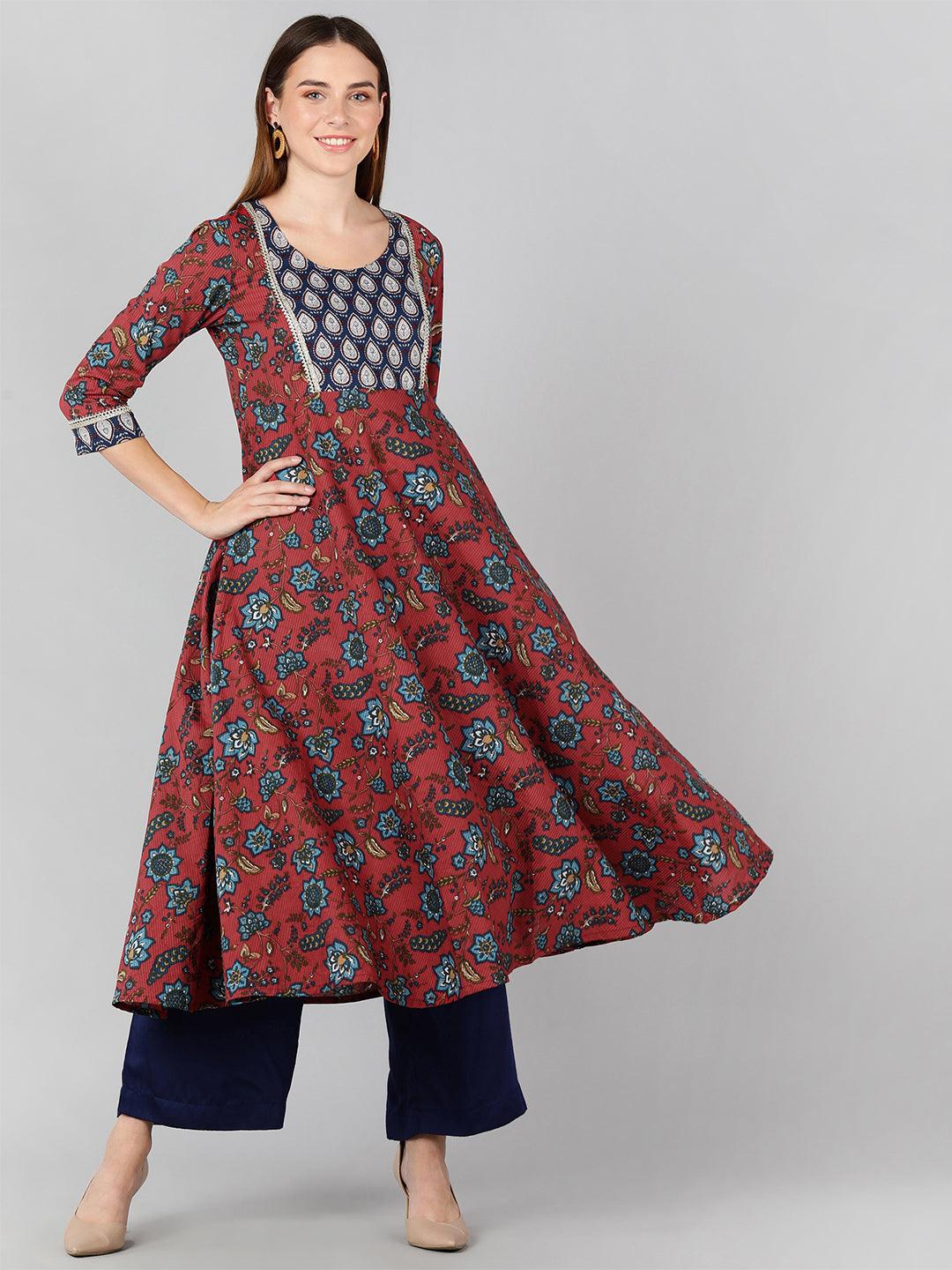 Floral Printed Maroon Flared Kurta With Lace Detail - Znxclothing